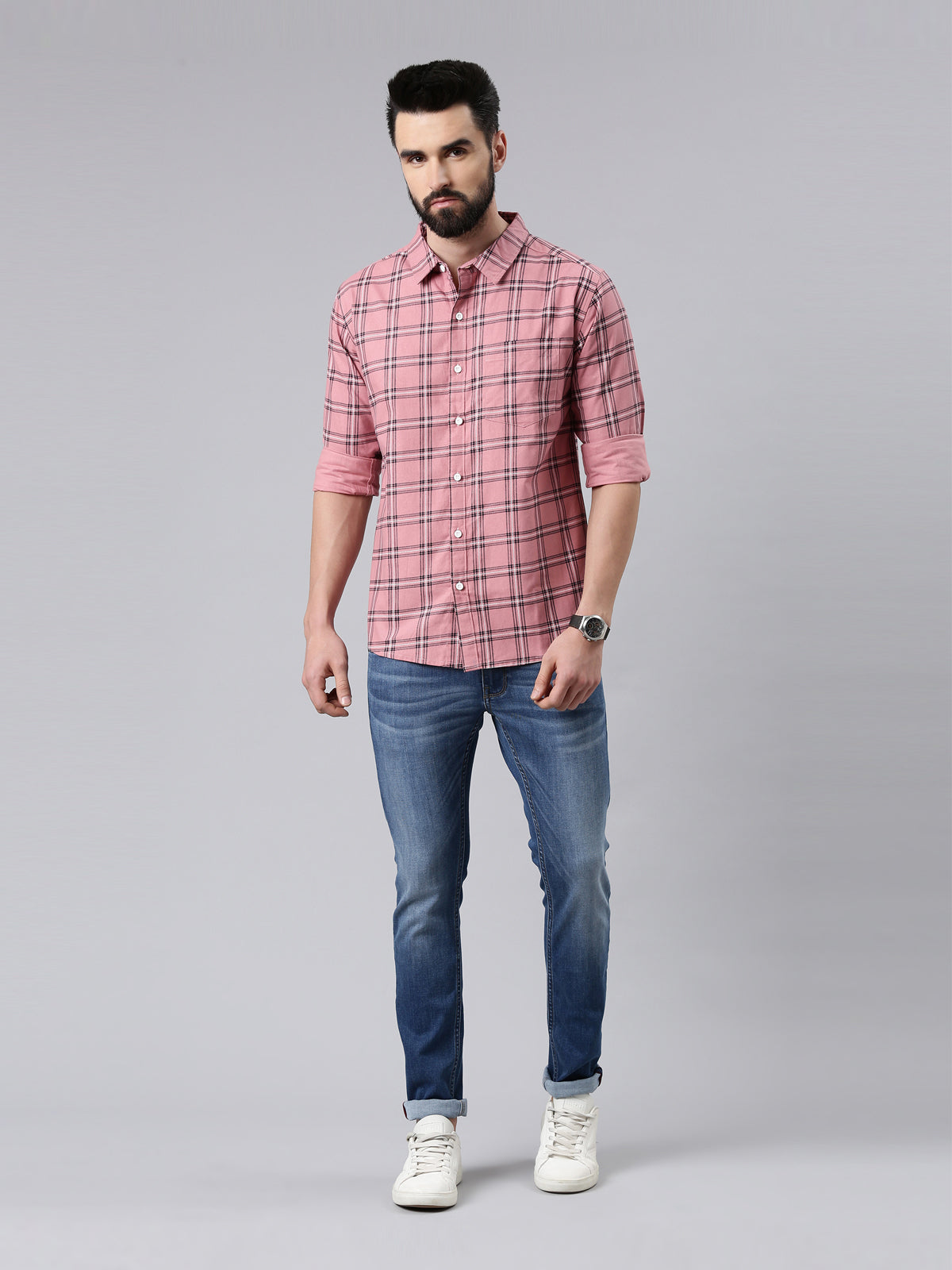 Pink Checked Pure Cotton Casual Full Sleeve Shirt