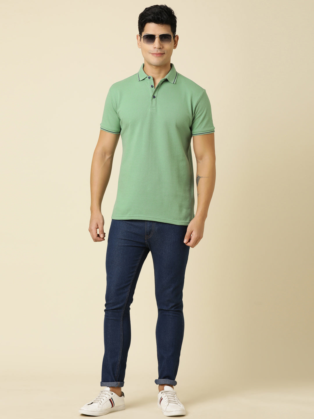 Men Solid Polo Neck Granite Green T-Shirt