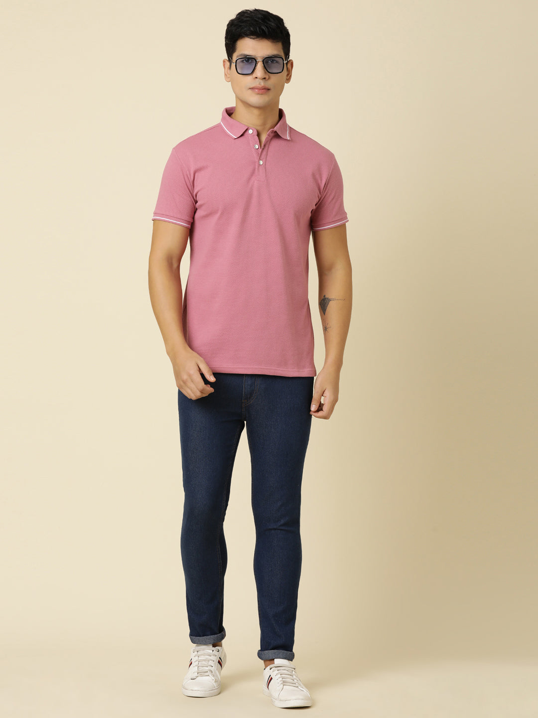 Men Solid Polo Neck Mauve T-Shirt