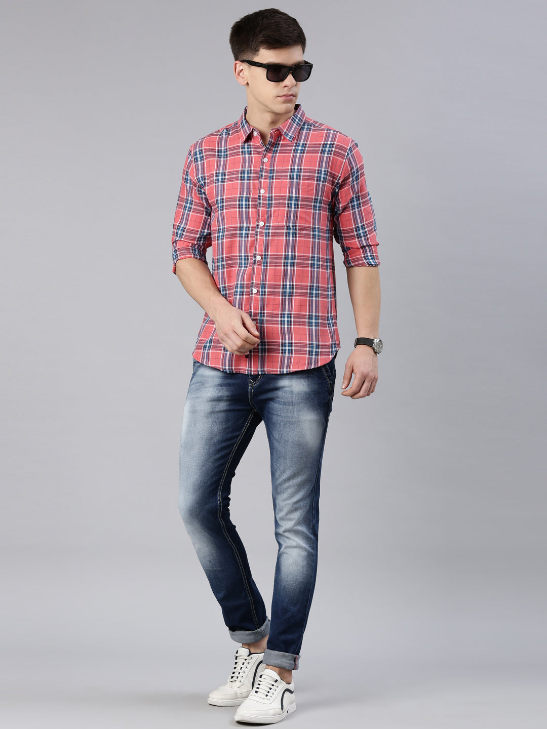 Men Navy and Red Checked Cotton Blend Casual Full Sleeve Shirt