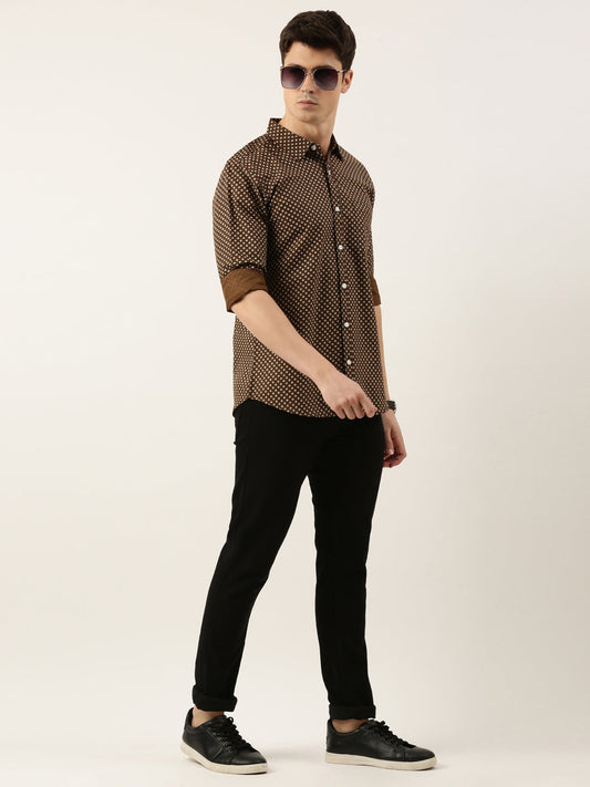 Men Brown Printed Pure Cotton Full Sleeve Casual Shirt