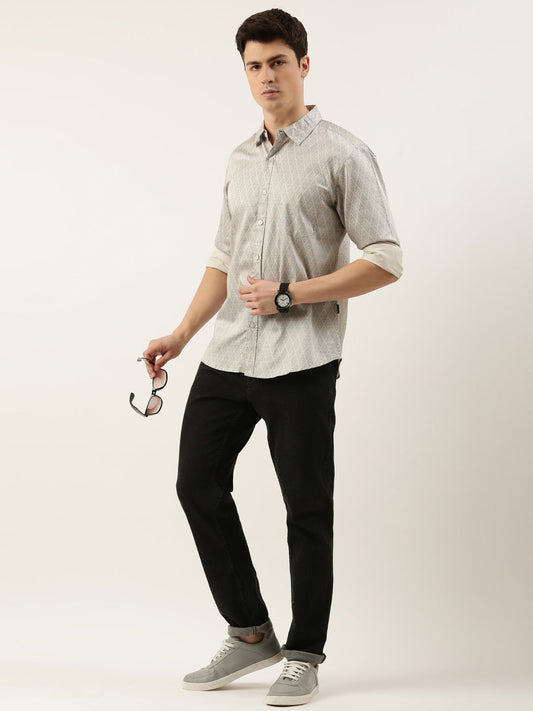 Men Off White Printed Pure Cotton Full Sleeve Casual Shirt