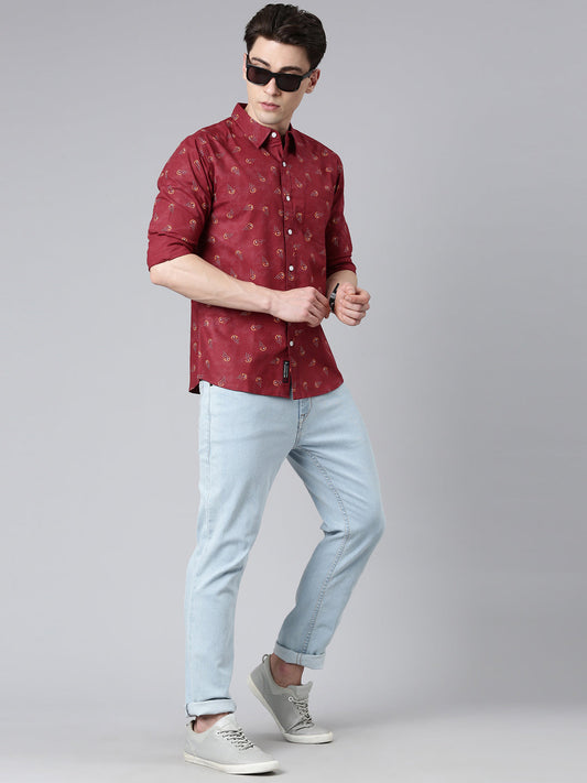 Maroon printed Pure Cotton Full Sleeve Shirt