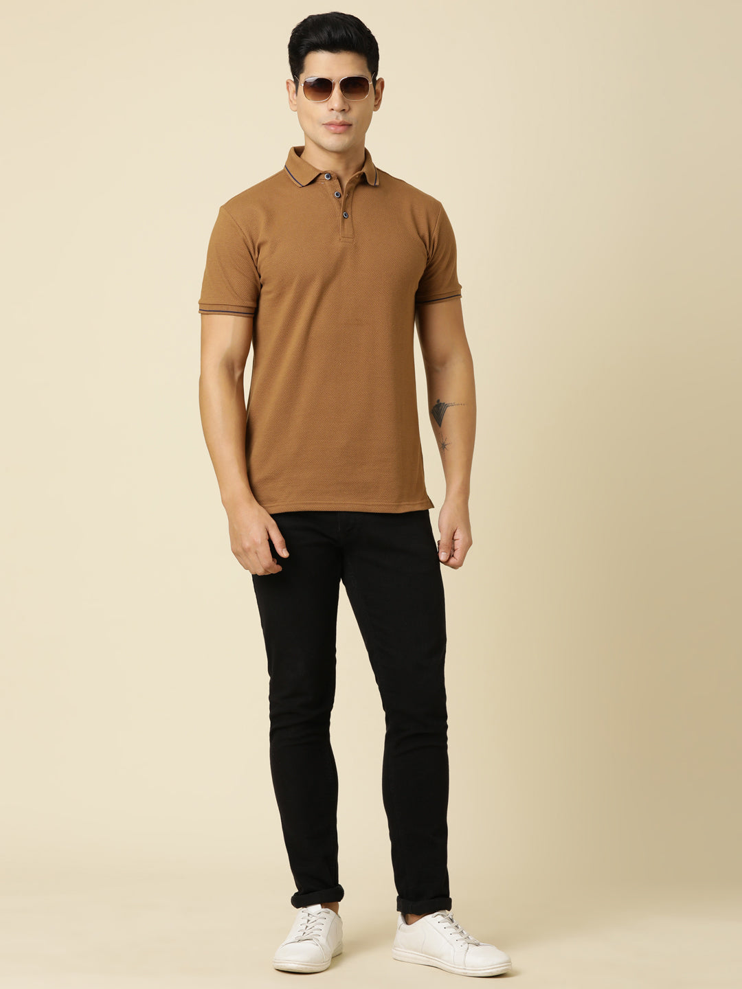 Men Solid Polo Neck Camel T-Shirt