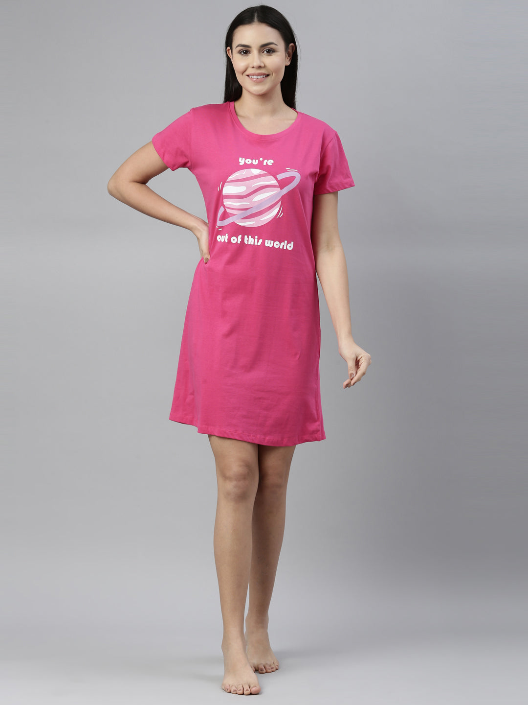 CURARE Women Printed Round Neck Fuchsia LongTees