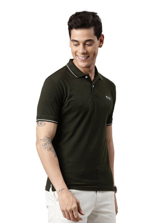 Men Solid Polo Collar Olive T-shirt