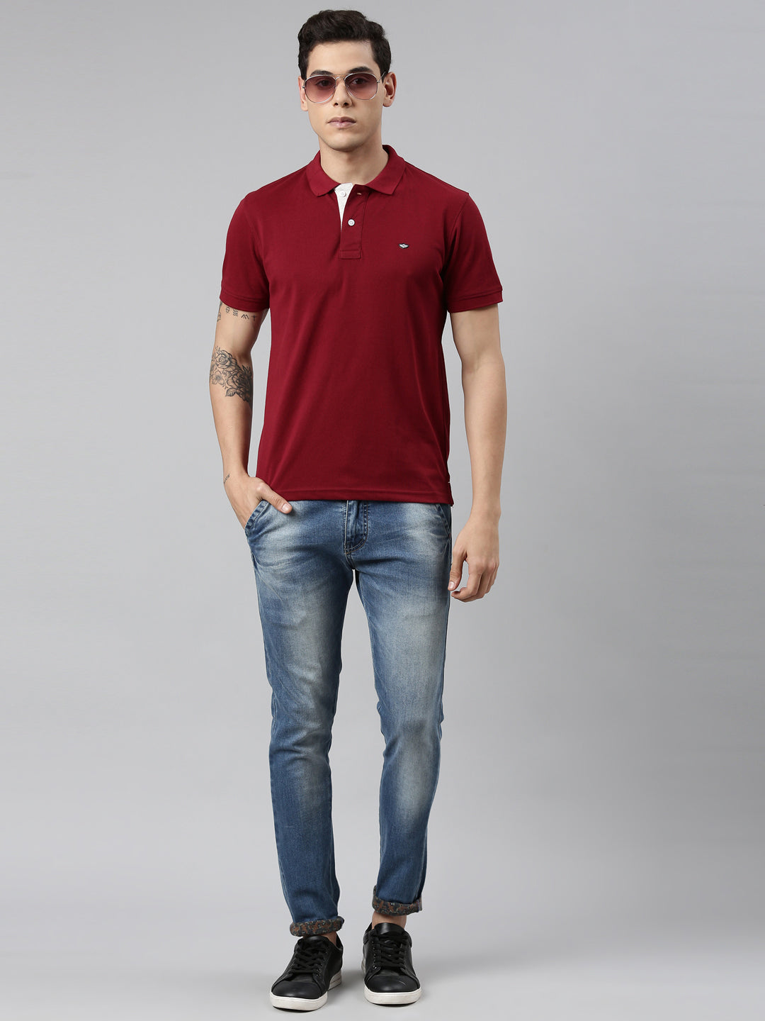 Men Maroon Solid Polo Collar T-shirt