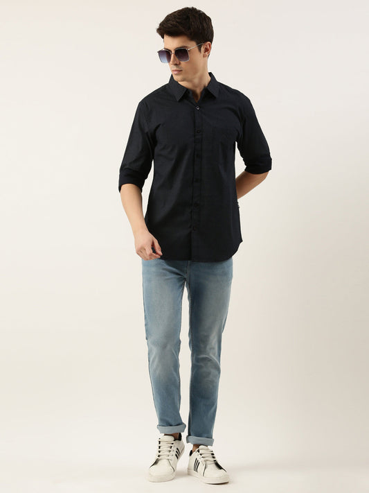 Men Navy Blue Printed Pure Cotton Full Sleeve Casual Shirt