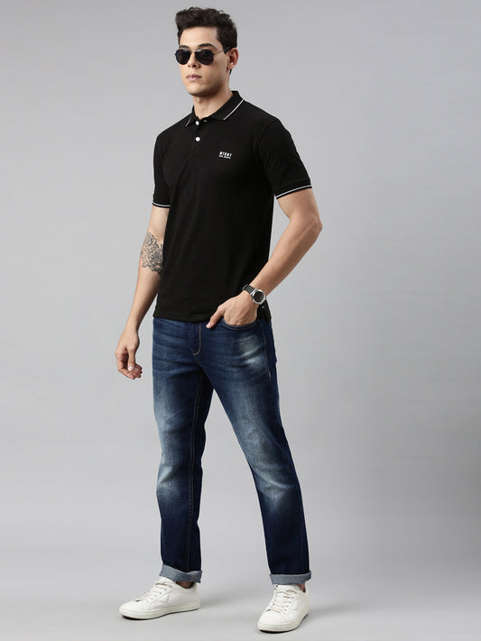 Men Solid Polo Collar Black T-shirt