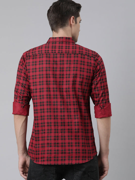 BROON Men Red And Black Checkered Pure Cotton Full Sleeve Shirt