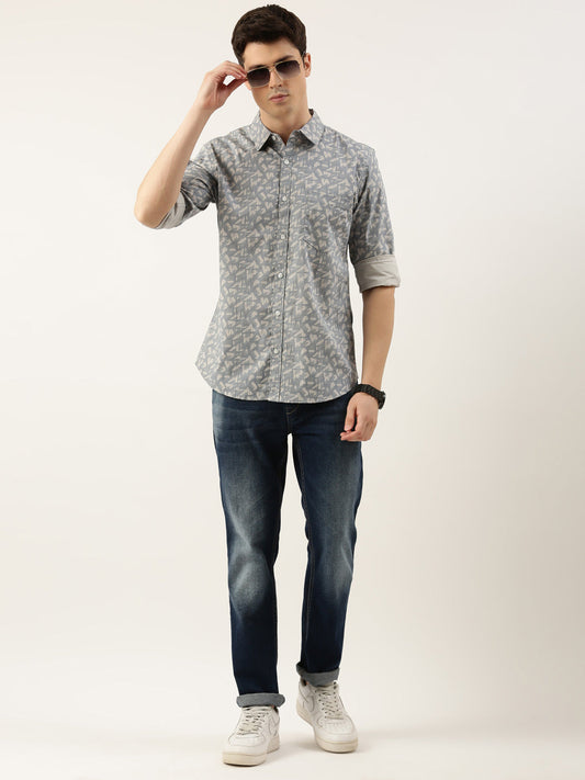 Men Light Blue Printed Pure Cotton Full Sleeve Casual Shirt