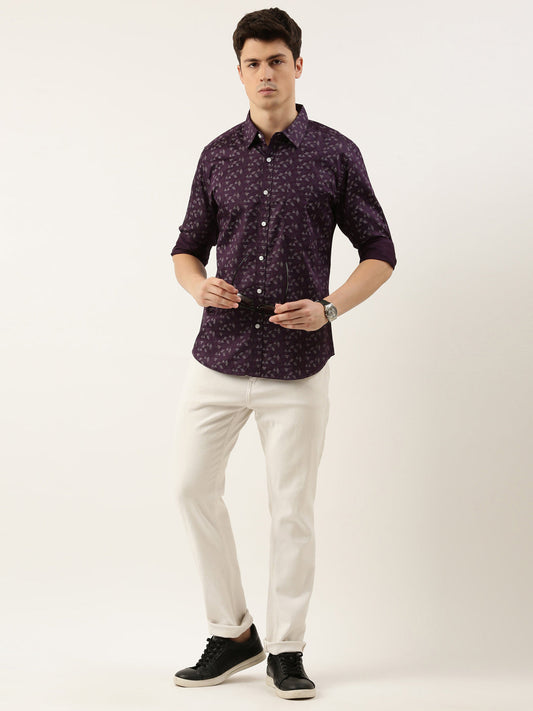 Men Purple Printed Pure Cotton Full Sleeve Casual Shirt