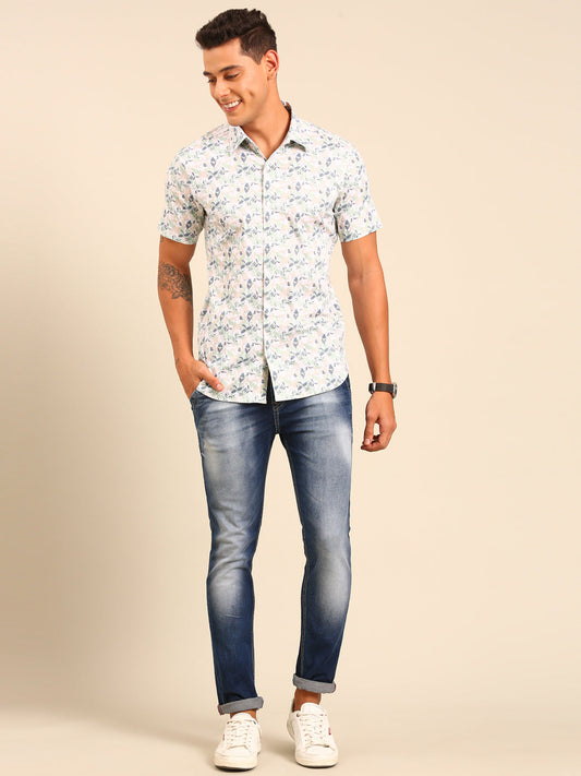 JOVEN Men White and Green Printed Casual Lycra Shirt ( No Returns )