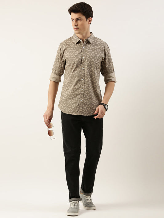 Men Beige Printed Pure Cotton Full Sleeve Casual Shirt