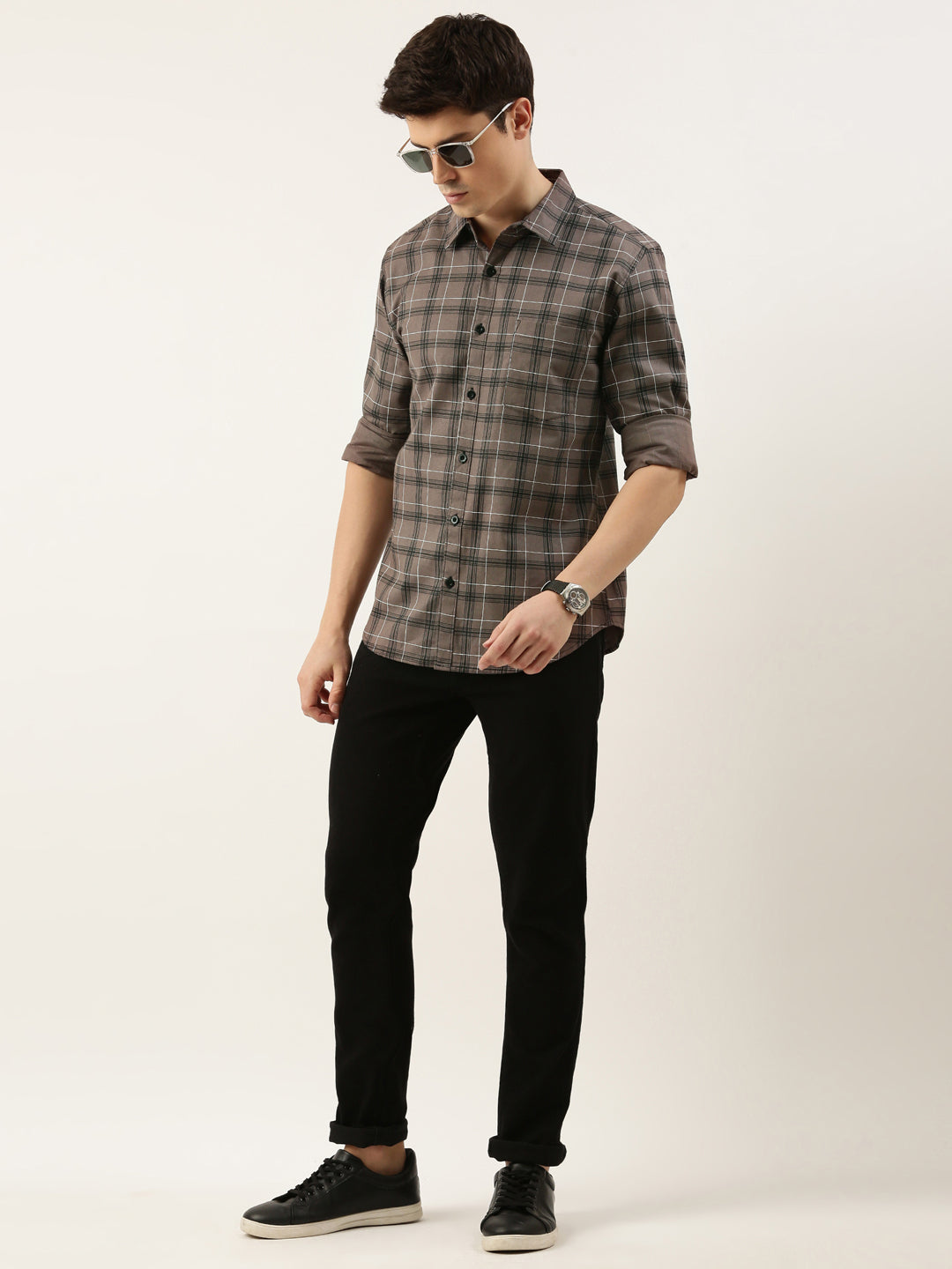Men Grey Checked Pure Cotton Full Sleeve Casual Shirt