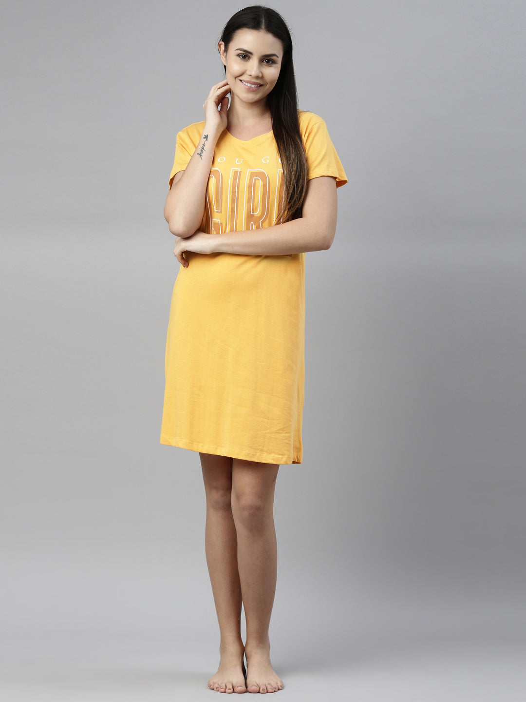 CURARE Women Printed Round Neck Yellow LongTees