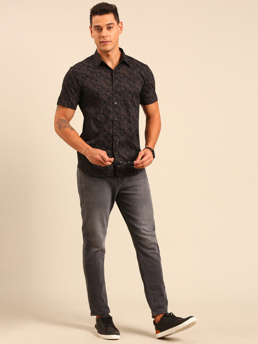 JOVEN Men Black and Brown Printed Casual Lycra Shirt ( No Returns )