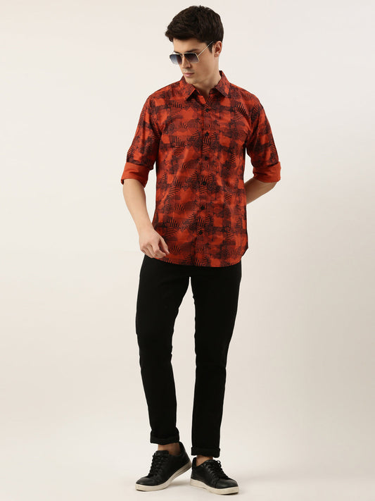 Men Orange Printed Pure Cotton Full Sleeve Casual Shirt