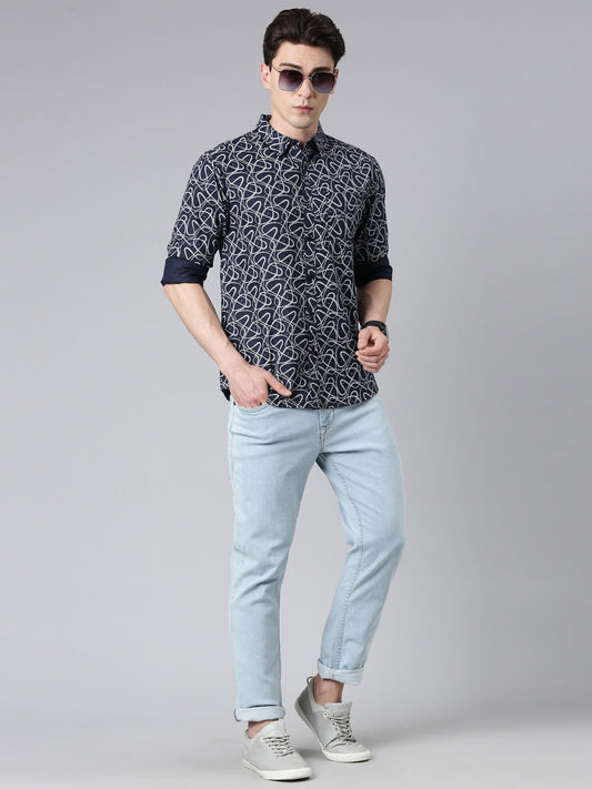 Navy printed Pure Cotton Full Sleeve Shirt