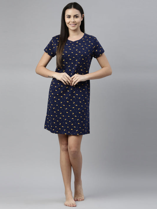 CURARE Women Printed Round Neck Navy Blue LongTees