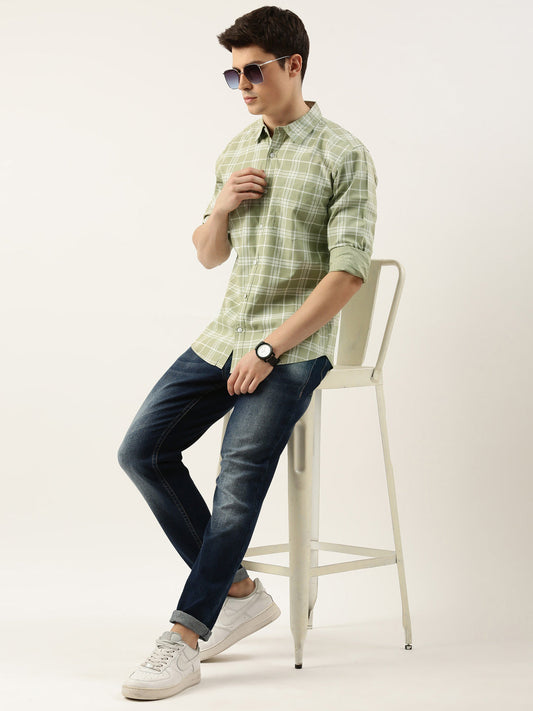 Men Green Checked Pure Cotton Full Sleeve Casual Shirt