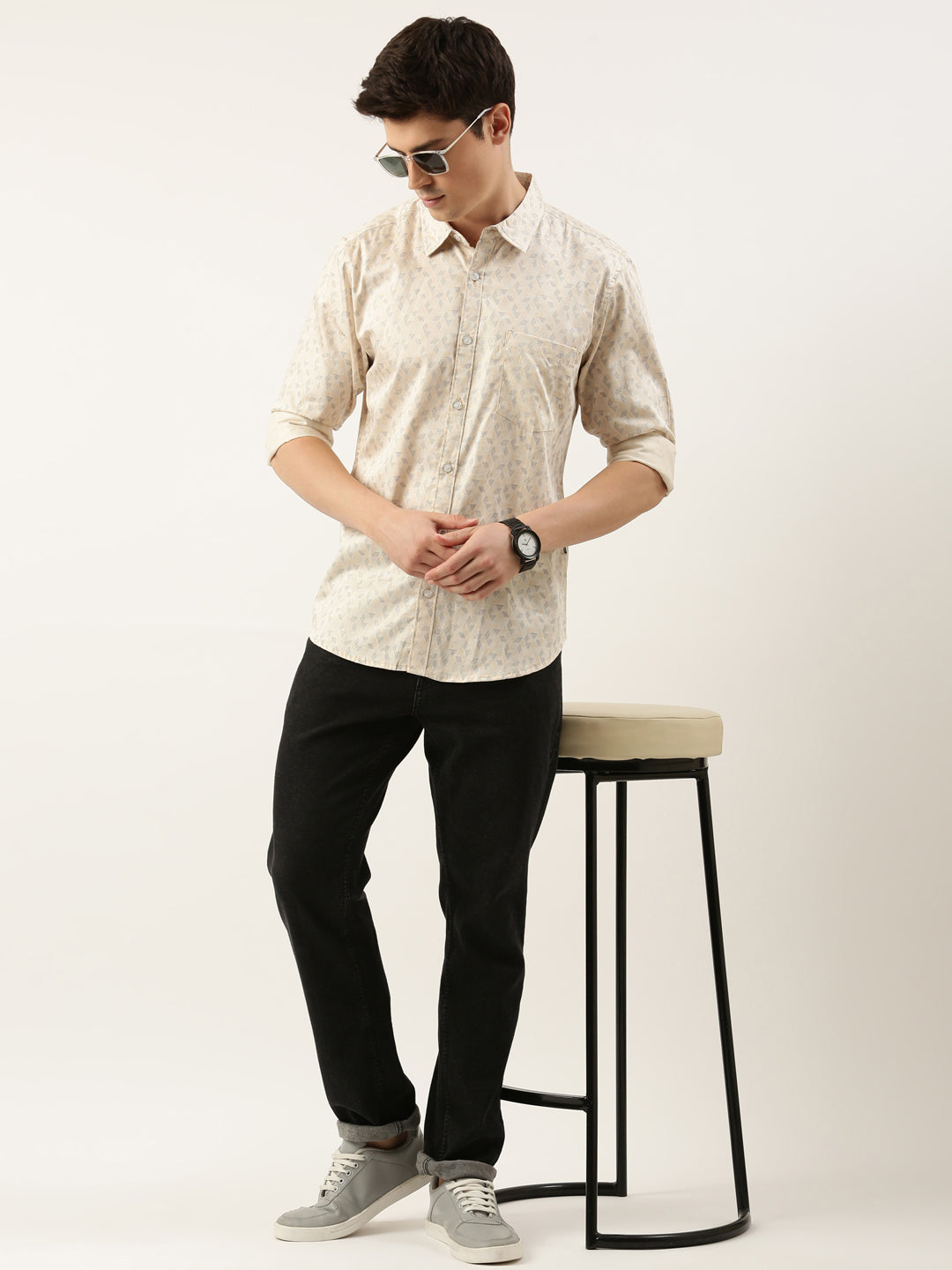 Men Beige Printed Pure Cotton Full Sleeve Casual Shirt