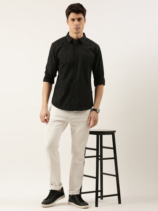 Men Black Printed Pure Cotton Full Sleeve Casual Shirt
