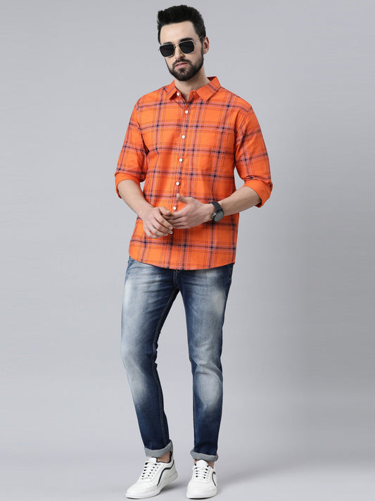 Orange Checked Pure Cotton Full Sleeve Shirt