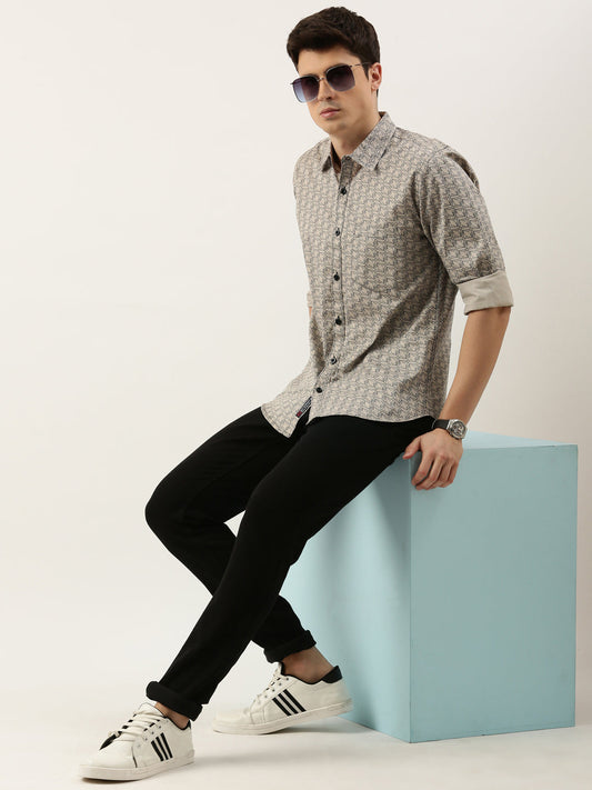 Men Beige Printed Pure Cotton Full Sleeve Casual Shirt