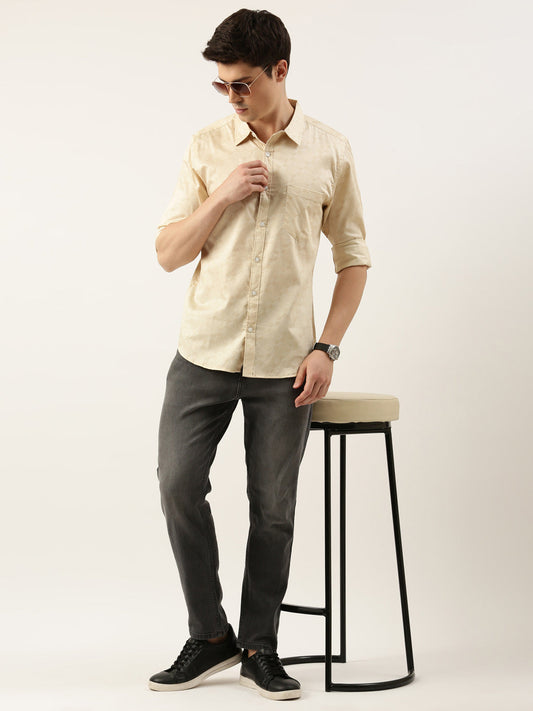 Men Beige Printed Pure Cotton Full Sleeve Casual Shirt