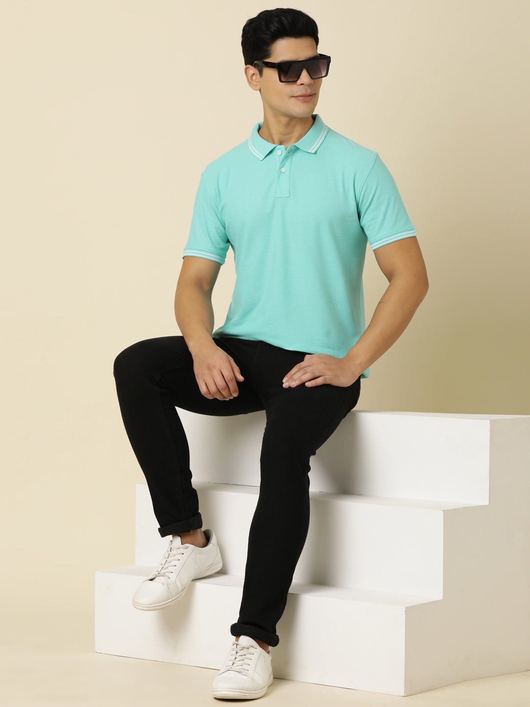Men Solid Polo Neck Aqua Green T-Shirt
