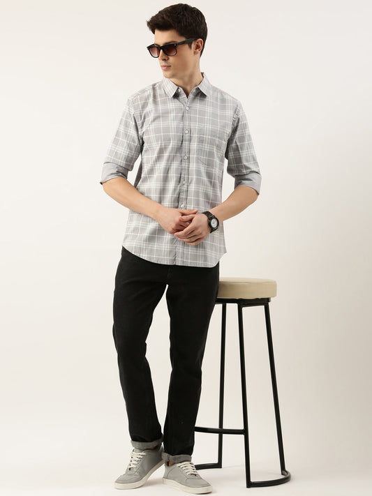 Men Grey Checked Pure Cotton Full Sleeve Casual Shirt