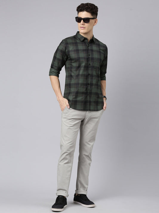 Men Olive And Black Checkered Pure Cotton Full Sleeve Casual Shirt