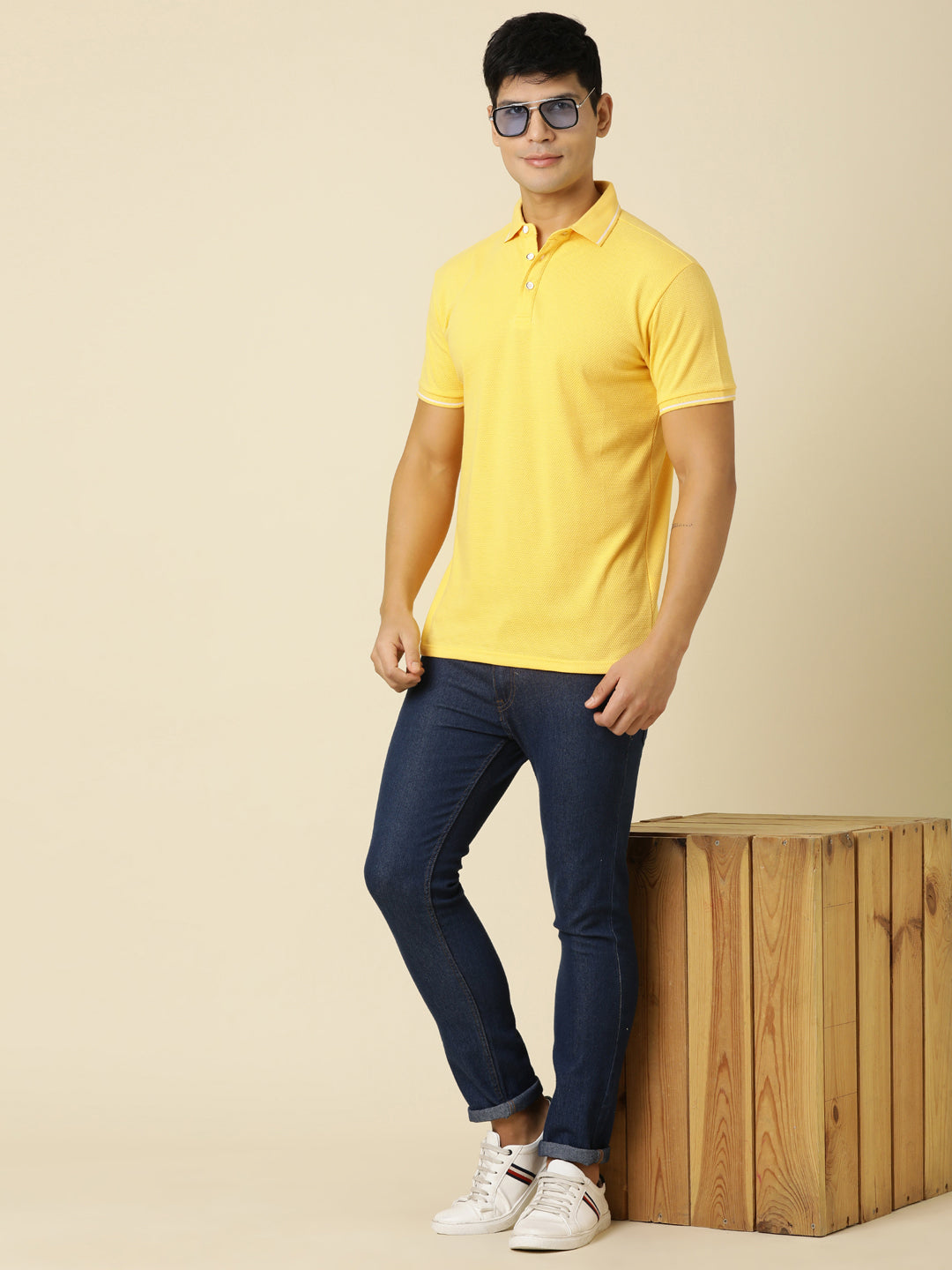 Men Solid Polo Neck Yellow T-Shirt