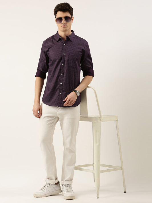 Men Purple Printed Pure Cotton Full Sleeve Casual Shirt