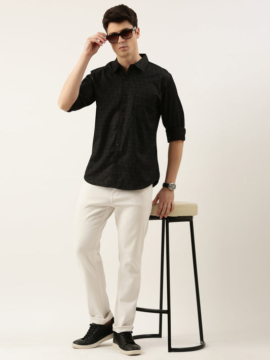 Men Black Printed Pure Cotton Full Sleeve Casual Shirt