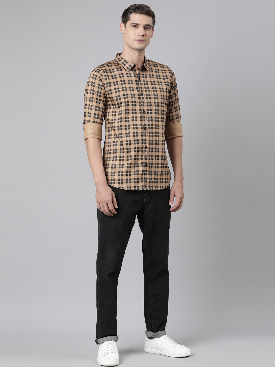 BROON Men Brown And Black Checkered Pure Cotton Full Sleeve Shirt