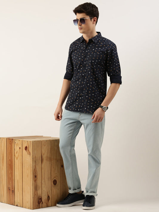 Men Navy Blue and Yellow Printed Pure Cotton Full Sleeve Casual Shirt