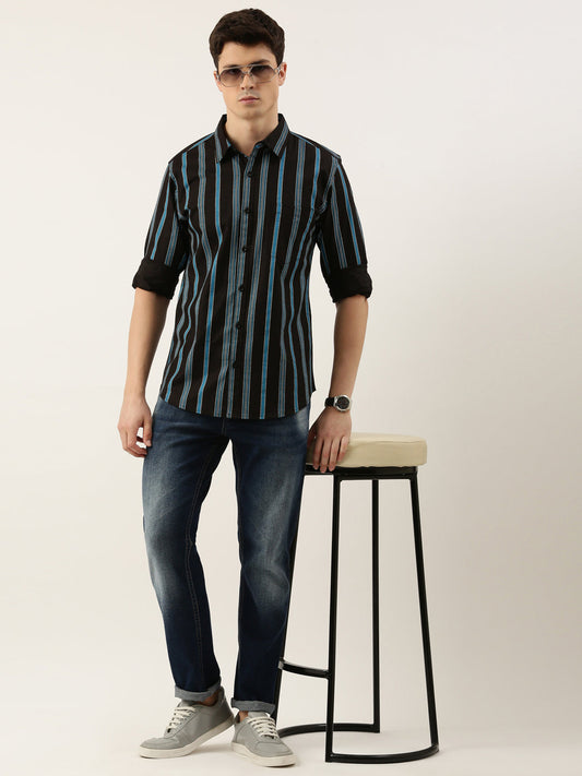 Men Black and Blue Striped Pure Cotton Full Sleeve Casual Shirt