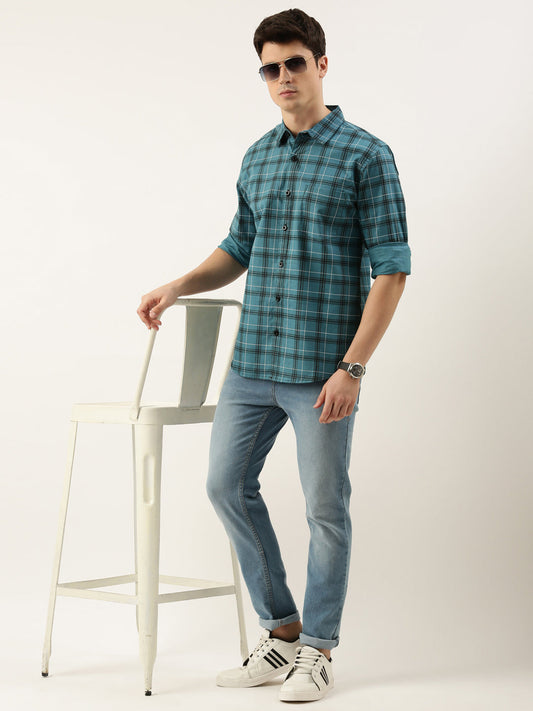 Men Blue Checked Pure Cotton Full Sleeve Casual Shirt