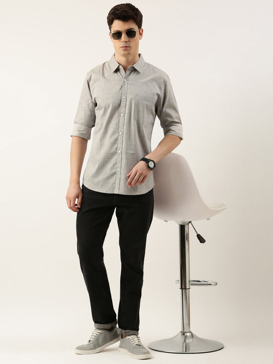 Men Grey Printed Pure Cotton Full Sleeve Casual Shirt