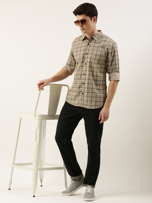 Men Beige Checked Pure Cotton Full Sleeve Casual Shirt