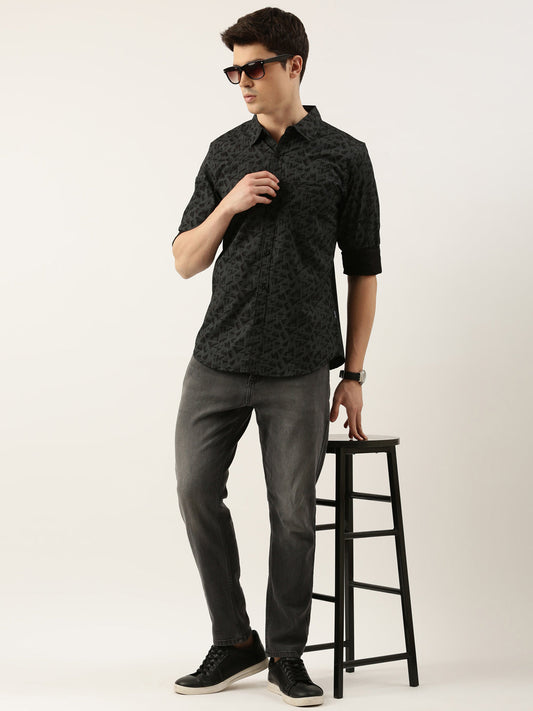 Men Black Printed Pure Cotton Full Sleeve Casual Shirt