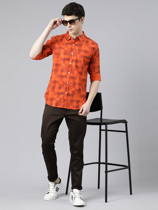Men Orange Printed Pure Cotton Full Sleeve Casual Shirt