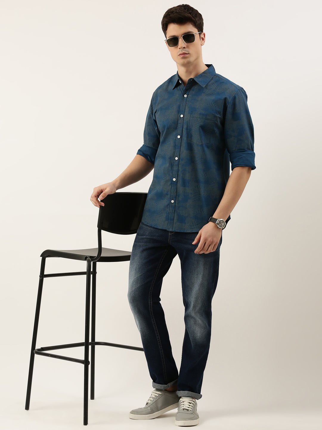 Men Dark Blue Printed Pure Cotton Full Sleeve Casual Shirt