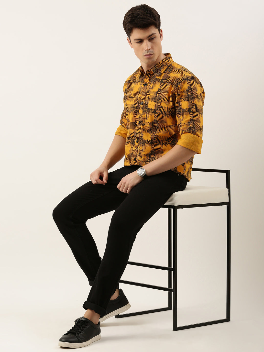 Men Yellow Printed Pure Cotton Full Sleeve Casual Shirt