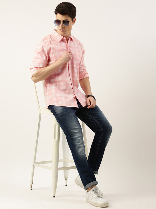 Men Pink Checked Pure Cotton Full Sleeve Casual Shirt
