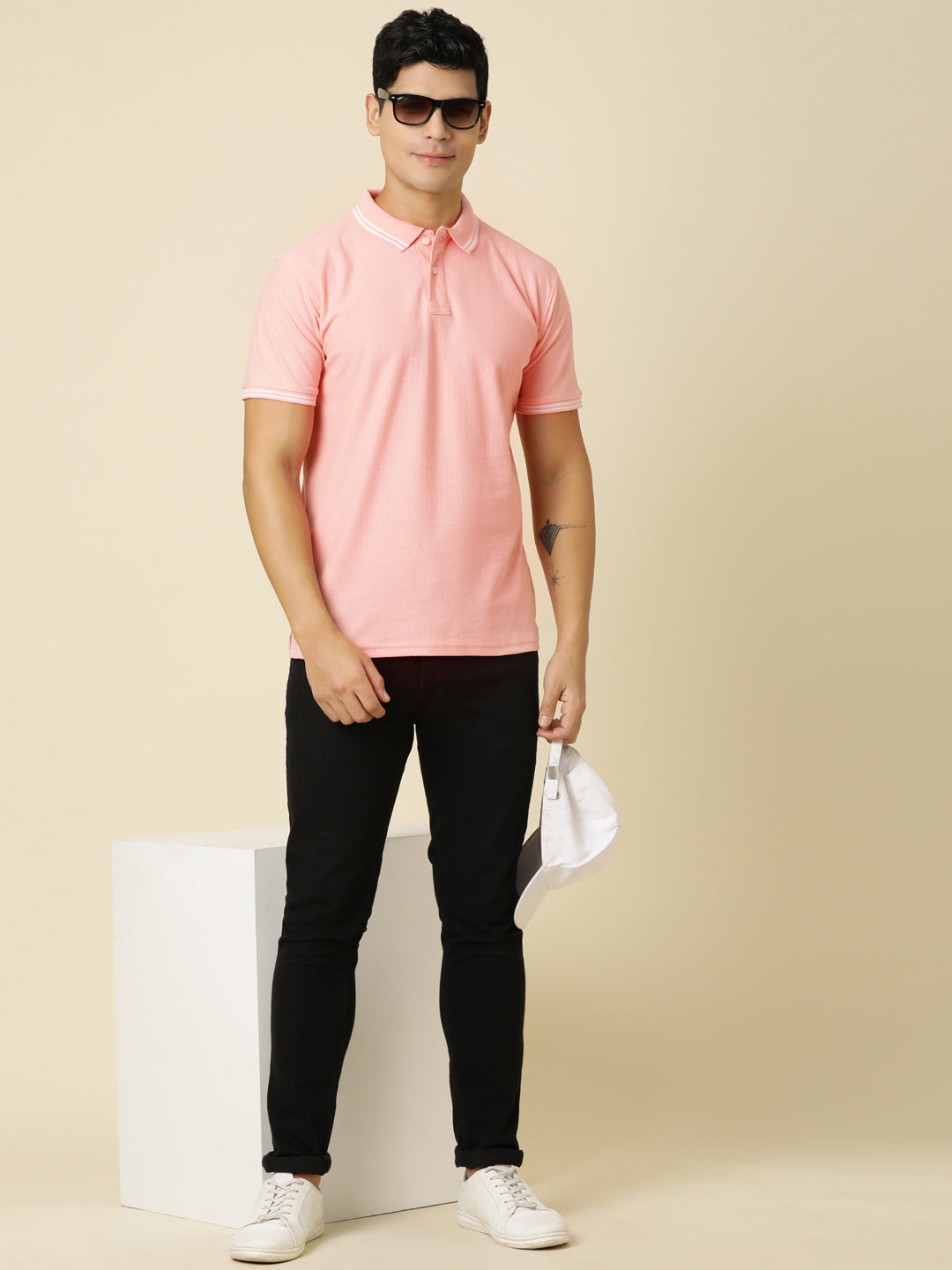 Men Solid Polo Neck Soft Pink T-Shirt