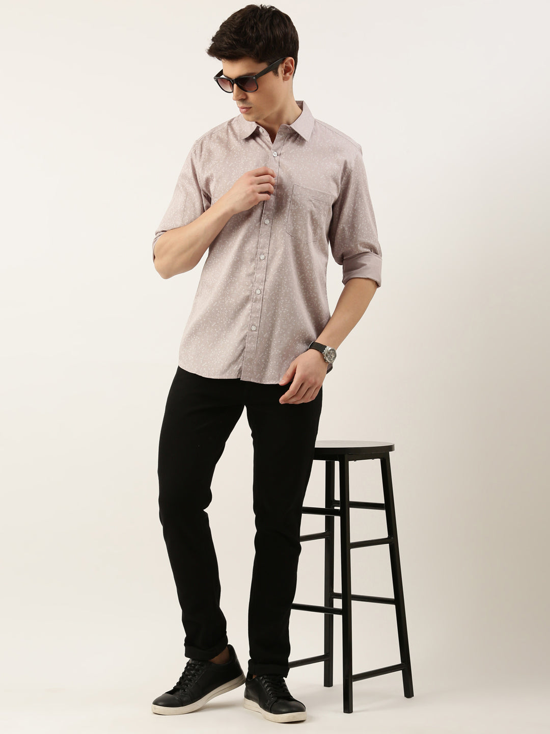 Men Grey Printed Pure Cotton Full Sleeve Casual Shirt