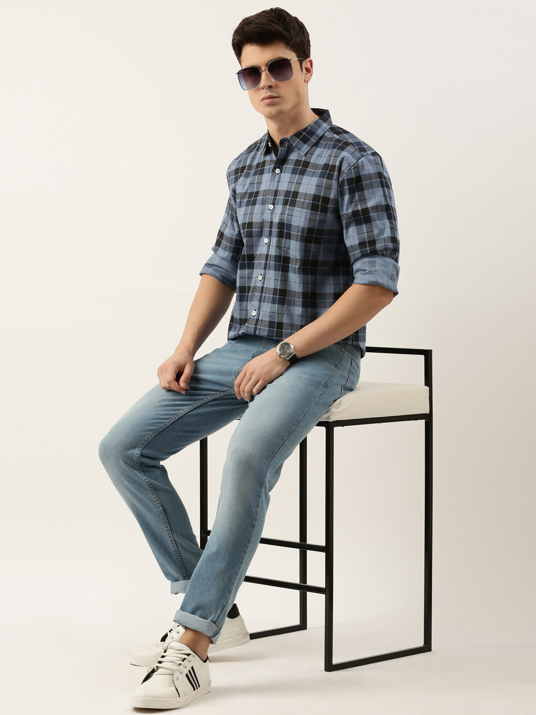 Men Blue Checked Pure Cotton Full Sleeve Casual Shirt